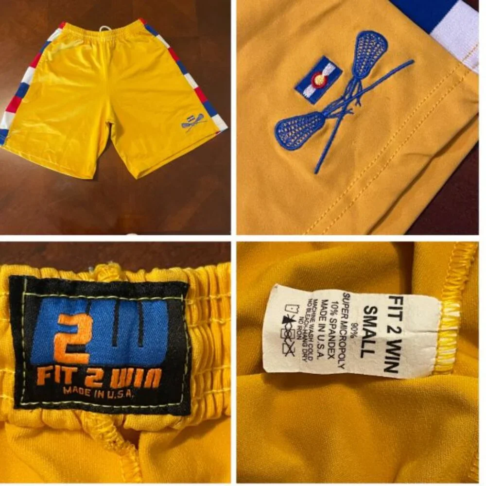 Fit 2 Win Lacrosse Shorts Yellow With Red/Blue Stripe Design & Elastic Waistband
